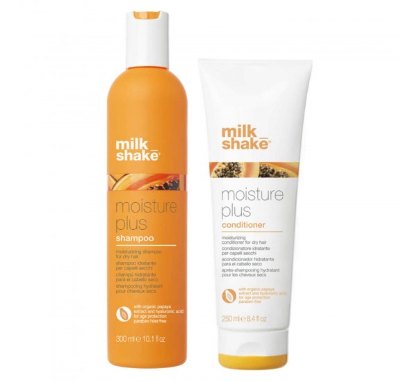 MILKSHAKE MOISTURE PLUS SHAMPOO AND CONDITIONER ХИДРАТИРАЩ ШАМПОАН + БАЛСАМ С ПАПАЯ ЗА СУХА КОСА 